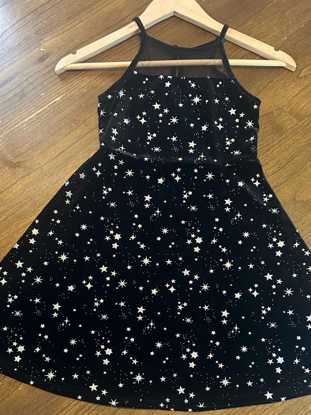 Girls' Black Star Print Velvet Party Dress